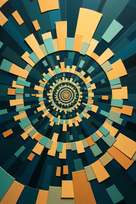 CSHP, A spiral symphony: a cascading spiral of rectangles and trapezoids in muted turquoise and gold tones. curves The dynamic layout emphasizes the movement of, with sharp edges, contrasting with smooth, image to create a modern, but a classic.