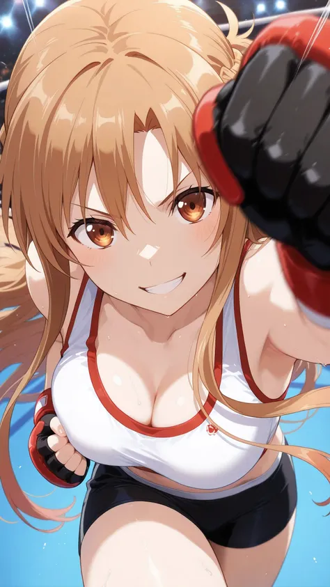 asuna_\(sao\), long_hair, brown_hair,  brown_eyes, solo, Detailed eyes, white sports bra, black boy leg underwear, black fingerless gloves, thigh, cleavage, medium breast, serious grin, looking at viewer, Detailed eyes, Detailed face, portrait, face focus,...