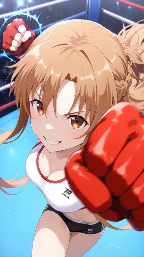 asuna_\(sao\), long_hair, brown_hair,  brown_eyes, solo, Detailed eyes, white sports bra, black boy leg underwear, black fingerless gloves, thigh, cleavage, medium breast, serious grin, looking at viewer, Detailed eyes, Detailed face, portrait, face focus,...