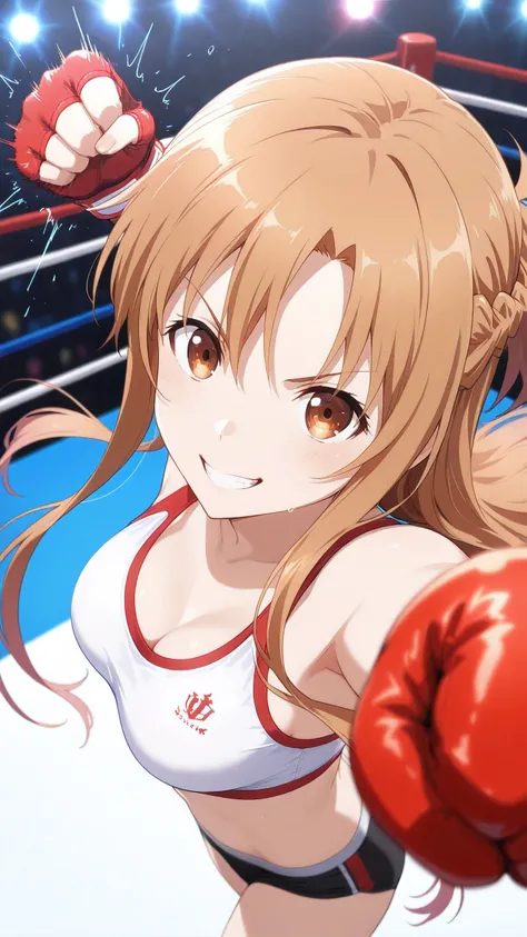 asuna_\(sao\), long_hair, brown_hair,  brown_eyes, solo, Detailed eyes, white sports bra, black boy leg underwear, black fingerless gloves, thigh, cleavage, medium breast, serious grin, looking at viewer, Detailed eyes, Detailed face, portrait, face focus,...