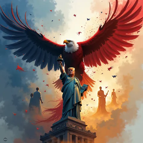 An abstract digital artwork featuring a powerful American eagle soaring through a turbulent sky, its wings blending into streaks of red, white, and blue paint. Below, a semi-abstract Statue of Liberty rises like a beacon, her torch glowing with golden ligh...