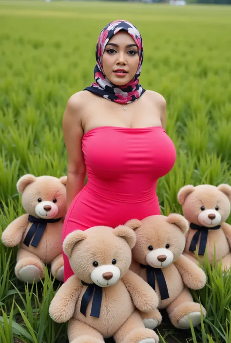 Huge bursting breasts, front posing, ("Facial expression in Moody"), Both hands lying behind the back, Wearing flora print hijab,  (photorealistic:1.6) ((Indonesian hijab)), background rice paddy. daytime atmosphere, (((please don't showing any finger!!!))...