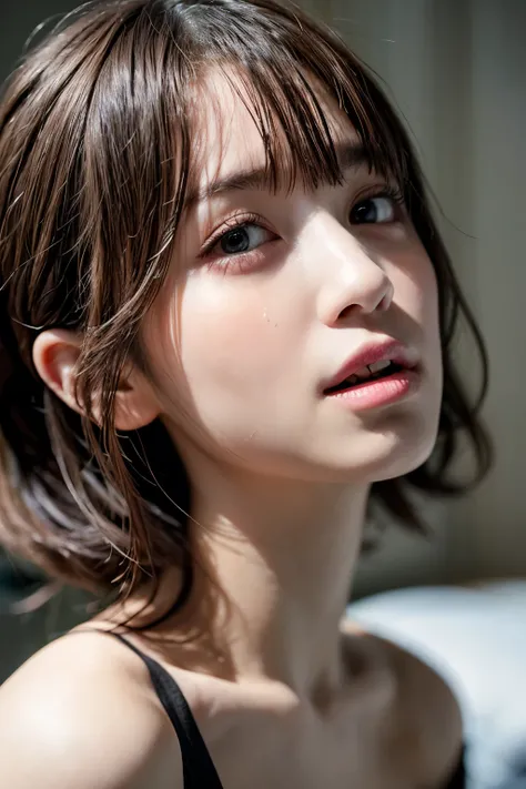 in a lavish bedroom, a young-adult lady, looking straight up, with mouth very wide open, troubled face, watery eyes, teary-eyed, undressed, wearing nothing, shooting from a high position directly above, face is soaked with sweat a lot, wavy short length ha...