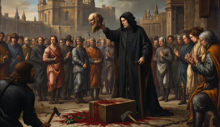 After the execution on Tower Hill, the executioner (age 40, in a black hood) holds aloft Cromwell’s severed head (age 55, face consistent with the provided image), its expression frozen in peace. The crowd (ages 20–60, in wool tunics) gasps or turns away, ...