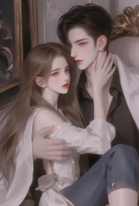 Beautiful girl with big eyes, Big nose, famous white skin, with a cute smile, very long hair, wearing a cute outfit, Sweet dress, Jeans, wearing sweet cloak, Well dressed, she is hugged by a young man, her boyfriend, he is handsome, tall, cool, white nose ...