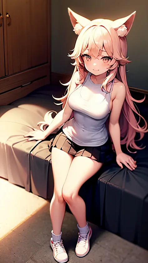 anime-style kemonomimi fox girl, age 18, standing facing forward towards the viewer in a cozy, softly lit bedroom. She has a delicate, slender build, glowing porcelain skin with a soft pink hue. Long wavy hair, shimmering pink-gold, flows down her back. Sh...