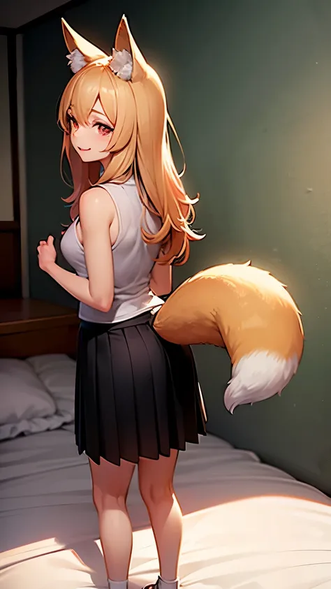 anime-style kemonomimi fox girl, age 18, standing facing forward towards the viewer in a cozy, softly lit bedroom. She has a delicate, slender build, glowing porcelain skin with a soft pink hue. Long wavy hair, shimmering pink-gold, flows down her back. Sh...