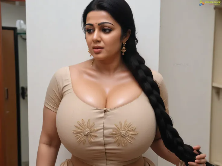 busty woman with midi and bra