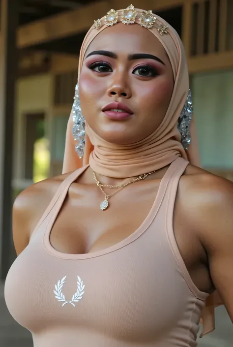 Oversize dick, Just Front posing, SCARF LEHER, (((MOODY FACE EXPRESSION))), "Wearing peach Hijab perfectly",  wearing Scoop Neck Sleeveless cotton Bodysuits strapless swimsuit 'Brand logo 'Fred Perry' Print', (KEDUA BELAH TANGAN DILETAK LETAKKAN DIBELAKANG...