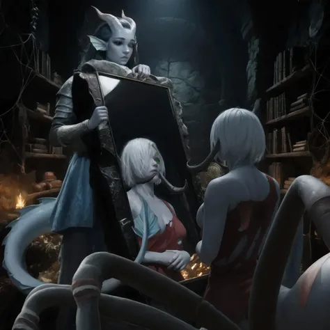 In a dimly lit room with stone walls, mysterious library setting, A room filled with ancient books and cobwebs, creates an atmosphere secret knowledge and long-forgotten secrets. Cedar, a tiefling girl with fins on her head with one black eye in blue armor...