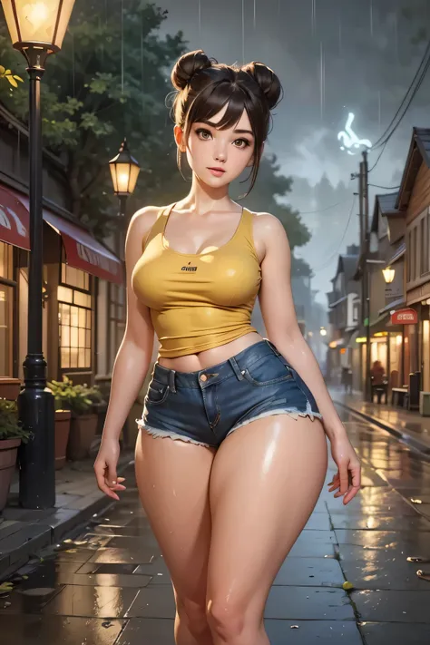 perfect face, black hair bun, high bun, natural eyebrows, black eyebrows, big eyes, brown eyes, thick lips, beautiful woman, (yellow tank top, tank top art with name), (jeans short shorts), (thick thighs:1.3), empty illuminated ghost town street lamps ligh...