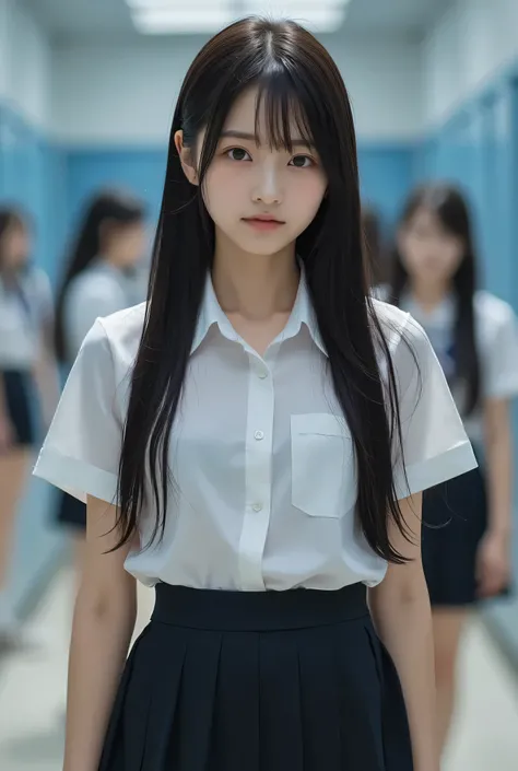 A captivating ultra-high-resolution 8K portrait of an 18-year-old Japanese woman with silky, long black hair flowing naturally down her back, captured from a low-angle perspective in a school changing room setting. She is dressed in a traditional Japanese ...