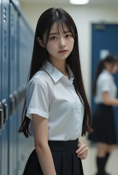 ,,,An exquisite ultra-high-resolution 8K portrait of an 18-year-old Japanese woman with silky, long black hair cascading naturally down her back, captured from a side profile angle in a school changing room. She is dressed in a traditional Japanese school ...