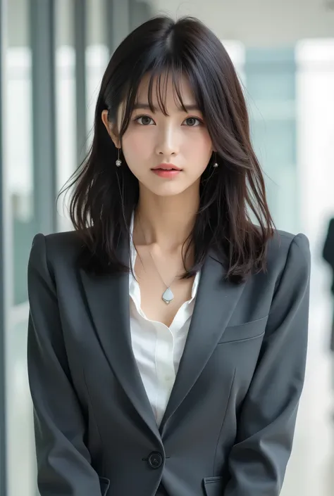 A 30-year-old stylish office lady with a trendy, layered medium-length lob (long bob) with soft curls, standing with grace in a modern office lobby. Her black eyes are hyper-detailed, with intricate iris patterns and reflective highlights, and her skin is ...