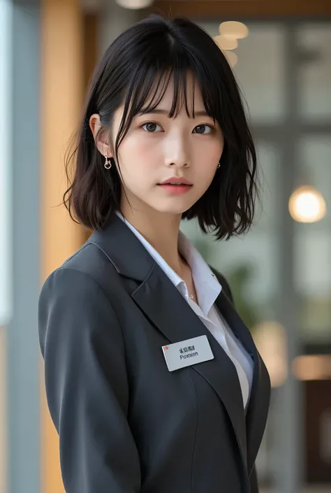 A poised 30-year-old office professional with a fashionable, asymmetrical short bob, styled with volume, standing confidently in a modern office lobby. Her black eyes are ultra-detailed, with vivid reflections and intricate details, and her skin is smooth ...