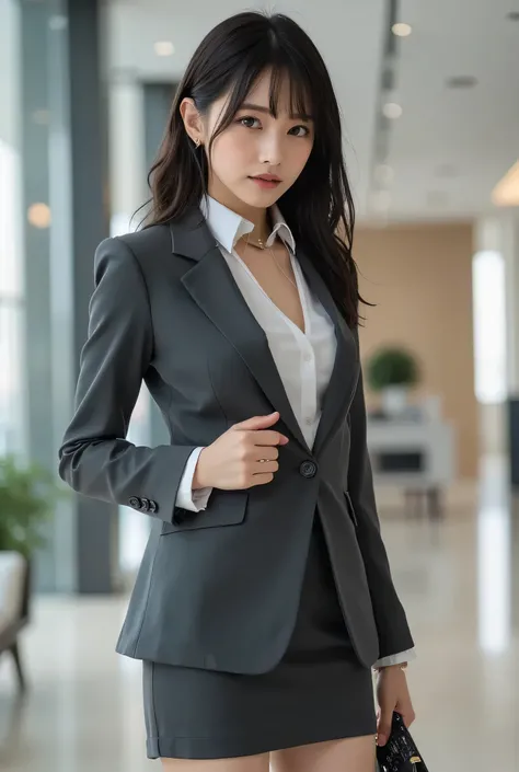 A 30-year-old fashionable office lady with a sleek, chin-length medium blunt cut with soft waves, standing gracefully in a modern office lobby. Her black eyes are ultra-detailed, with intricate lash and iris details, and her skin is flawless with hyper-rea...