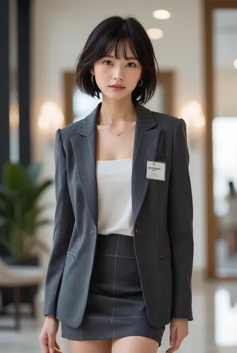 An elegant 30-year-old office professional with a stylish, textured short pixie cut, neatly styled, standing with poise in a sophisticated office lobby. Her black eyes are ultra-detailed with vivid reflections, and her skin displays hyper-realistic texture...