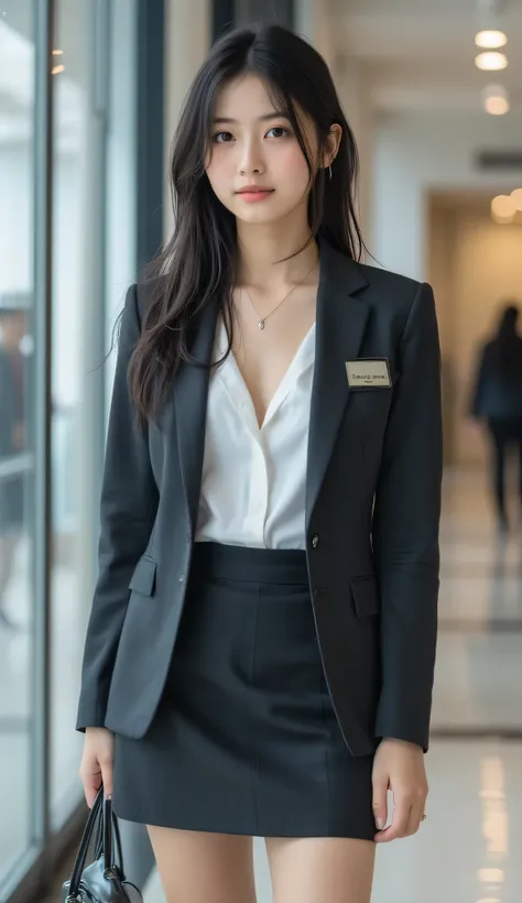 A 30-year-old stylish office lady with a modern, medium-length side-swept bob with loose, beachy waves, standing with grace in a modern office lobby. Her black eyes are hyper-detailed, with intricate iris patterns and reflective highlights, and her skin is...