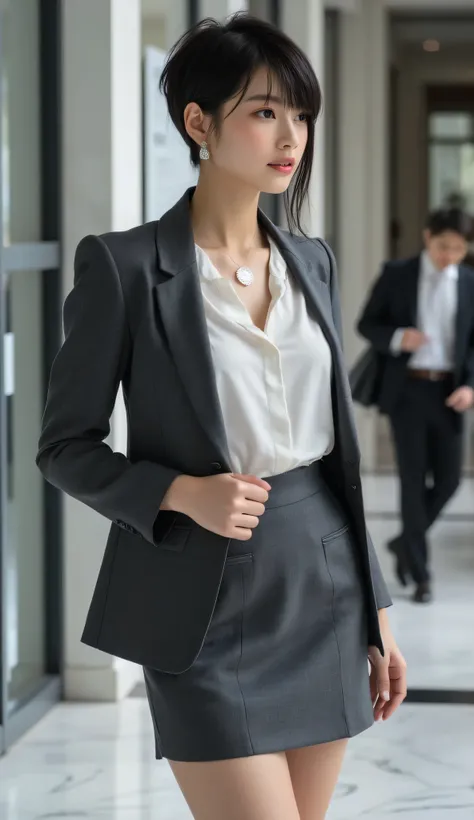 An elegant 30-year-old office professional with a sleek, short undercut pixie cut with longer top layers, styled with a subtle wave, standing with poise in a sophisticated office lobby. Her black eyes are ultra-detailed with vivid reflections, and her skin...
