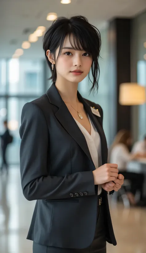 A poised 30-year-old office professional with a stylish, short textured crop haircut, styled with a tousled finish, standing confidently in a modern office lobby. Her black eyes are ultra-detailed, with vivid reflections and intricate details, and her skin...