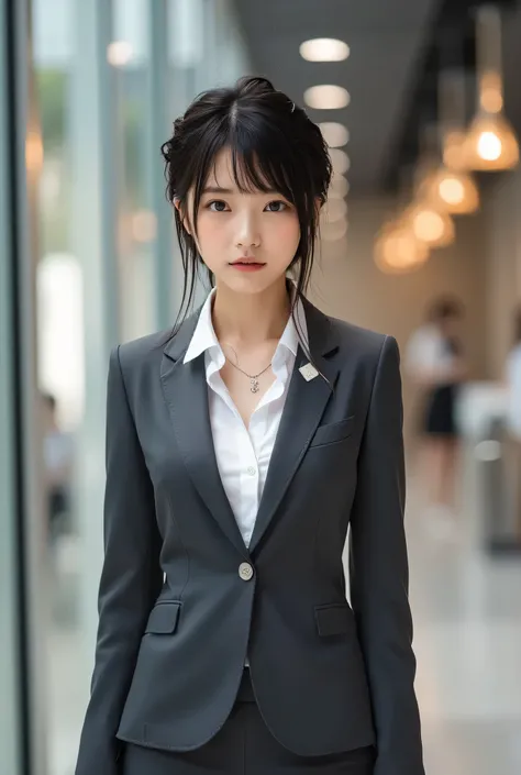 A poised 30-year-old office professional with a stylish, short textured crop haircut, styled with a tousled finish, standing confidently in a modern office lobby. Her black eyes are ultra-detailed, with vivid reflections and intricate details, and her skin...