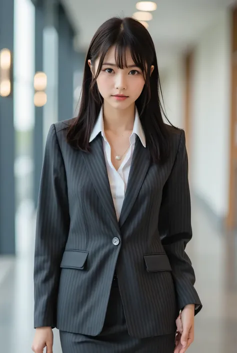 A 30-year-old professional office lady with a sleek, shoulder-length medium shag haircut with soft layers, styled with subtle volume, standing confidently in a modern office lobby. Her striking black eyes feature ultra-detailed irises with reflective highl...