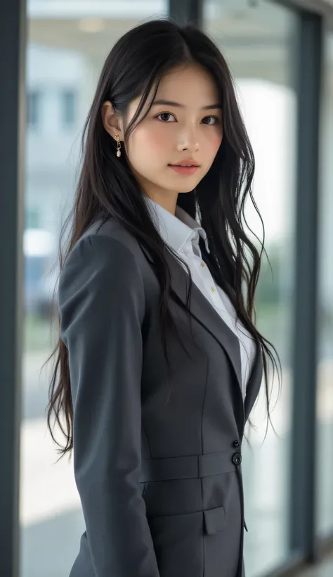A 30-year-old professional office lady with long, flowing black hair, styled elegantly, standing confidently in a modern office lobby. Her striking black eyes feature ultra-detailed irises with reflective highlights, and her flawless skin shows intricate t...