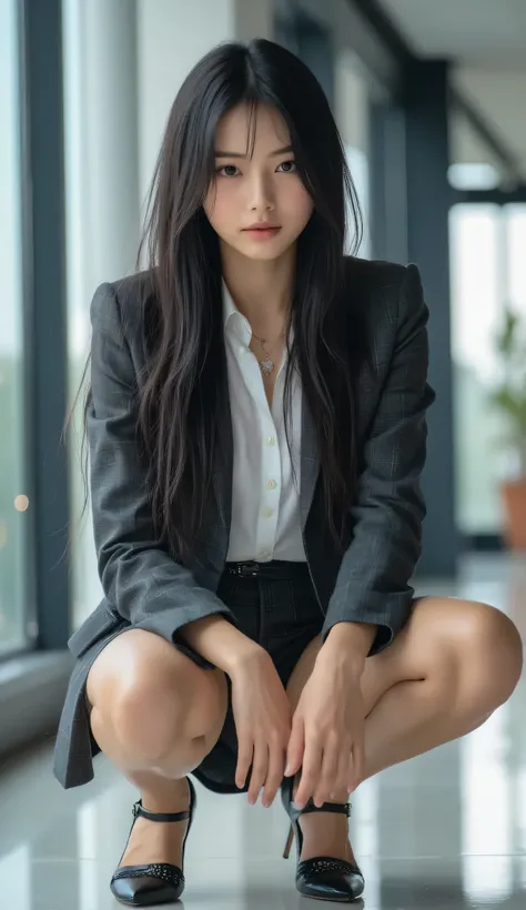 A 30-year-old fashionable office lady with long, luxurious black hair, captured mid-squat in a dynamic, elegant pose within a modern office lobby. Her black eyes are ultra-detailed, with intricate lash and iris details, and her skin is flawless with hyper-...