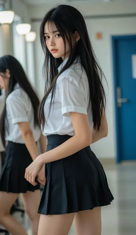 An exquisite ultra-high-resolution 8K portrait of an 18-year-old Japanese woman with silky, long black hair cascading naturally down her back, captured from a side profile angle in a school changing room. She is dressed in a traditional Japanese school uni...