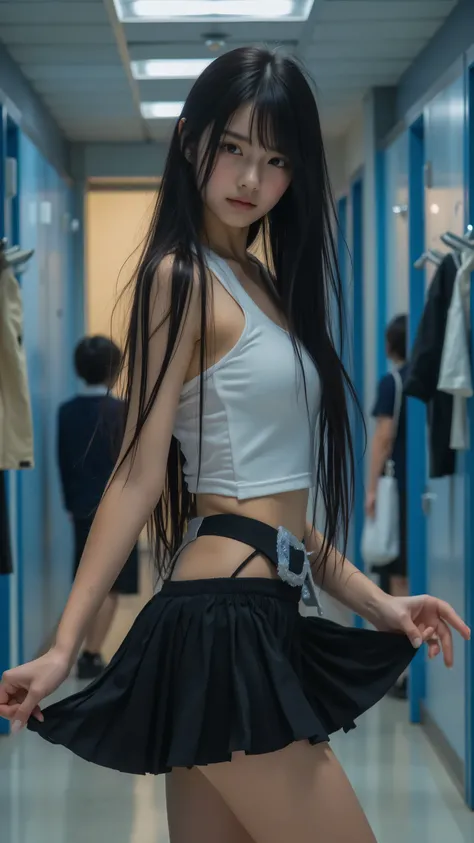 A mesmerizing ultra-high-resolution 8K close-up of an 18-year-old Japanese woman with silky, long black hair, captured during the transition from her school uniform to lingerie in a school changing room. The focus is on her thighs, framed from a slightly e...