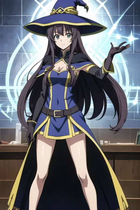 1 person with long black hair,   Witch, (Magic Circle,  stunning magic effects ), (((blue colored  Witch long cloak, blue colored  Witch hat, dress, elbow gloves, off shoulder))), (dynamic pose，spell to shoot forward), full body, (anime style, masterpiece,...