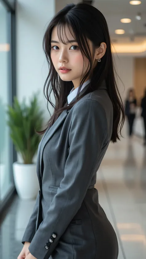 A 30-year-old professional office lady with a sleek, medium-length A-line bob with a slight inward curve, styled with a glossy, professional finish, standing confidently in a modern office lobby. Her striking black eyes feature ultra-detailed irises with r...