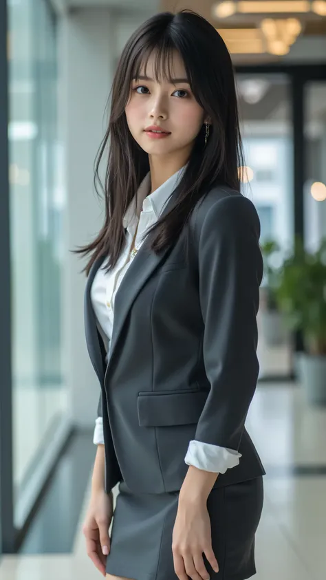 A 30-year-old professional office lady with a sleek, medium-length A-line bob with a slight inward curve, styled with a glossy, professional finish, standing confidently in a modern office lobby. Her striking black eyes feature ultra-detailed irises with r...