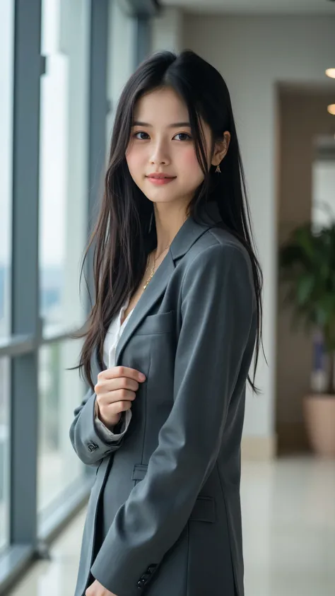 A 30-year-old professional office lady with a sleek, medium-length A-line bob with a slight inward curve, styled with a glossy, professional finish, standing confidently in a modern office lobby. Her striking black eyes feature ultra-detailed irises with r...