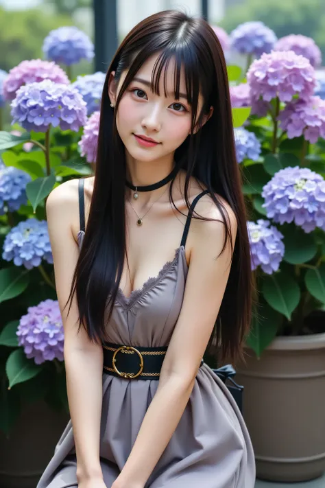 A breathtaking portrait of an elegant 18-year-old Japanese woman with long, silky black hair cascading naturally, dressed in a luxurious designer dress with intricate detailing, featuring delicate short stockings with garter accents and stylish thigh-high ...