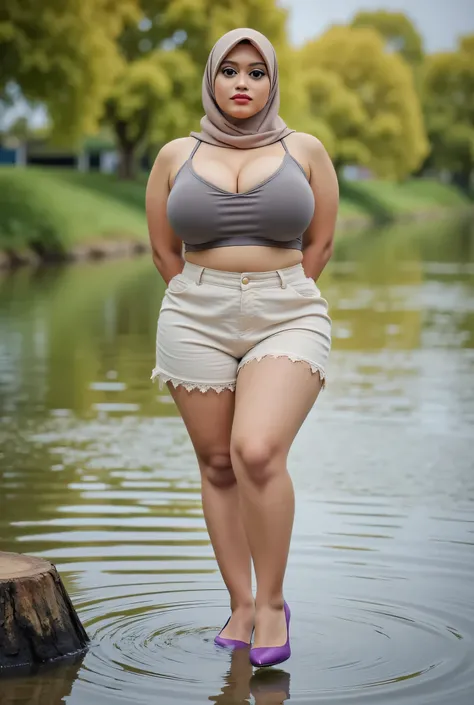 ((INDONESIAN MALAY HIJAB)), (hands behind her buttocks), (Hijab:1.17), (1 Beautiful Fat Girl:1.54), Fat Indonesian Woman , cotton top strapless 、(Wearing Prach lace stockings Transparent PALAZZO & purple highheels  why are you so thin? Clear and sharp fron...