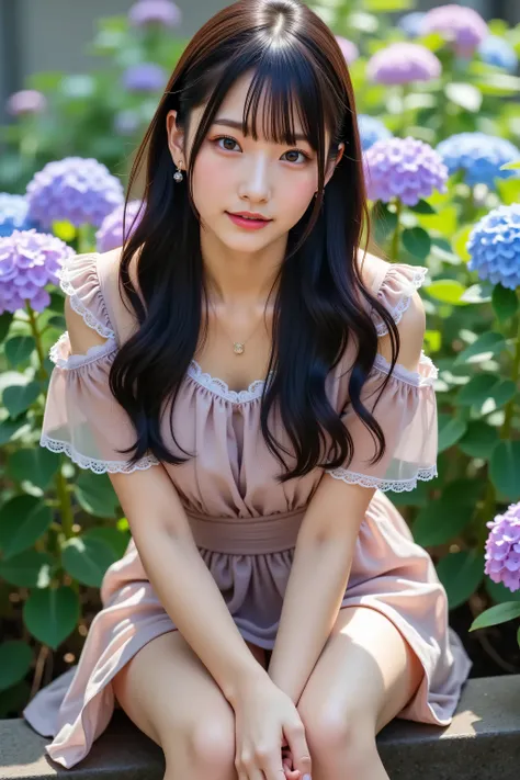 An exquisite 8K ultra-high-resolution portrait of an 18-year-old Japanese woman with flowing, glossy black hair, exuding sophistication and grace. She is adorned in a luxurious designer dress with intricate embroidery, complemented by delicate short stocki...