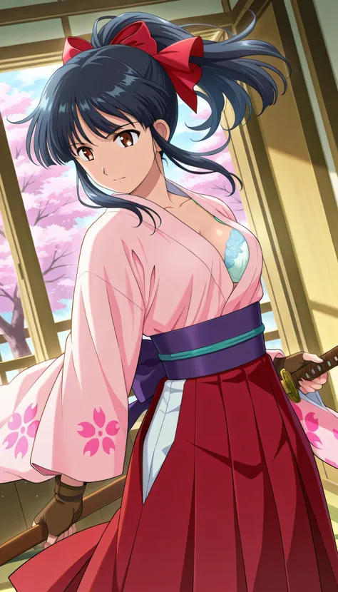 1girl,solo  ,detailed eyes, beautiful, detailed background, perfect eyes,
source_anime, very aesthetic, anime coloring, masterpiece, official art,
BREAK,
In the dojo ,cherry blossoms,wind,
dynamic angle,
looking at viewers, 
BREAK,
sakuraBase, black hair, ...