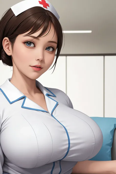  , (Highest quality), Big Head, (1 with gigantic breasts:1.2) Wearing a nurse blouse at the hospital