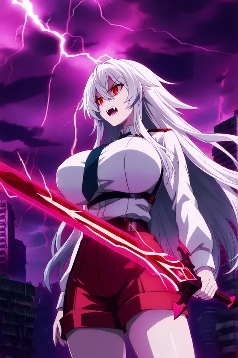long white hair, vampire, red eyes, uniform, white shirt, tie, red shorts, holding glowing sword, 1girl, solo, vampire fangs, huge breasts, ruined futuristic city, dystopia, lightning storm, pink lighting, volumetric lighting, cinematic lighting,  masterpi...