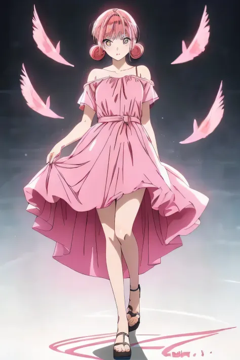 masterpiece, best quality, full body, standing, anime style, pink hair, twin buns, pink eyes, yellow cache-coeur dress, fishtail skirt, elegant pose, realistic proportions, soft lighting, looking at viewer, white background