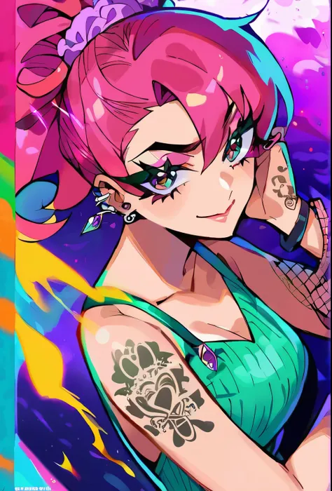score_9, score_8_up, score_7_up, score_6_up, Yamamba, Source_Anime, nsfw，1girl, solo，charming smile，Bad guy，black，Kpop girl with neon cyan pink hair，Kpop girl with charming smile tattooed on her hand and neck，piercings，black mixed green striped sweater，Coo...