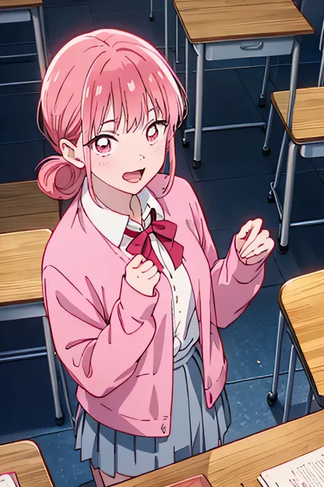 (from above:1.2,Best Quality),chono hina, Solo,pink hair, pink eyes, hair bun, anime screen shot, anime scene, pink cardigan, diagonal-striped bow, red ribbon, grey skirt, pleated skirt, collared shirt, white shirt, smirk, hand to own mouth, upper body, sc...