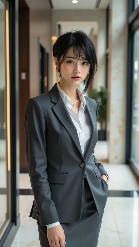 An elegant 30-year-old office professional with a sleek, short undercut pixie cut with longer top layers, styled with a subtle wave, standing with poise in a sophisticated office lobby. Her black eyes are ultra-detailed with vivid reflections, and her skin...
