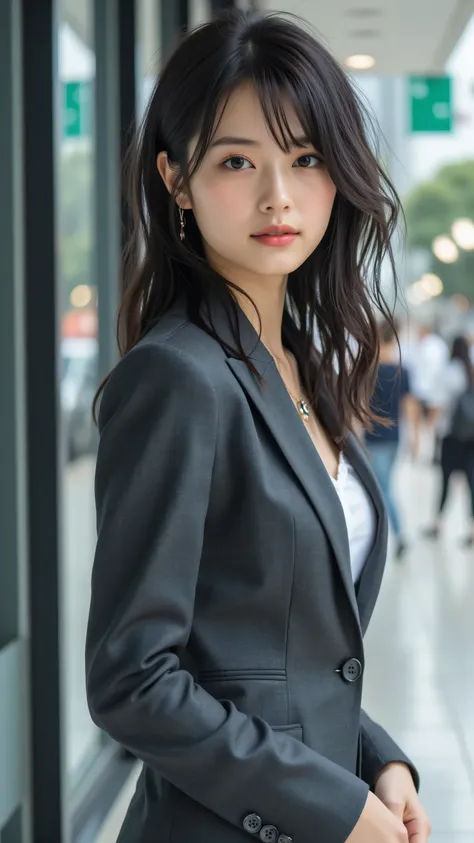 A 30-year-old stylish office lady with a modern, medium-length tousled lob with soft, loose waves and a side part, standing with grace in a modern office lobby. Her black eyes are hyper-detailed, with intricate iris patterns and reflective highlights, and ...