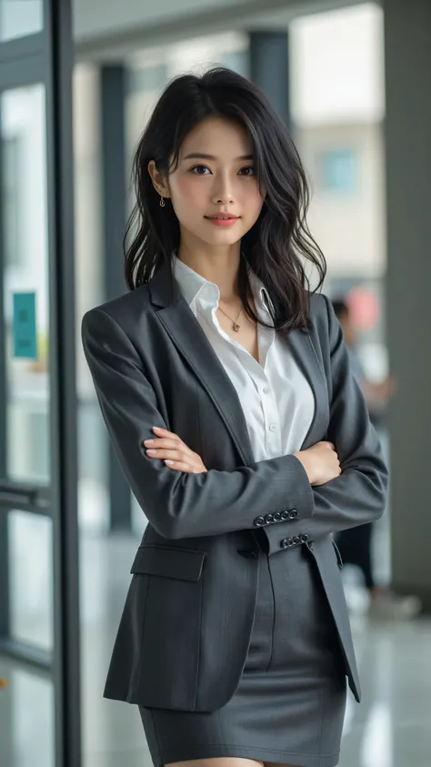 A 30-year-old stylish office lady with a modern, medium-length tousled lob with soft, loose waves and a side part, standing with grace in a modern office lobby. Her black eyes are hyper-detailed, with intricate iris patterns and reflective highlights, and ...