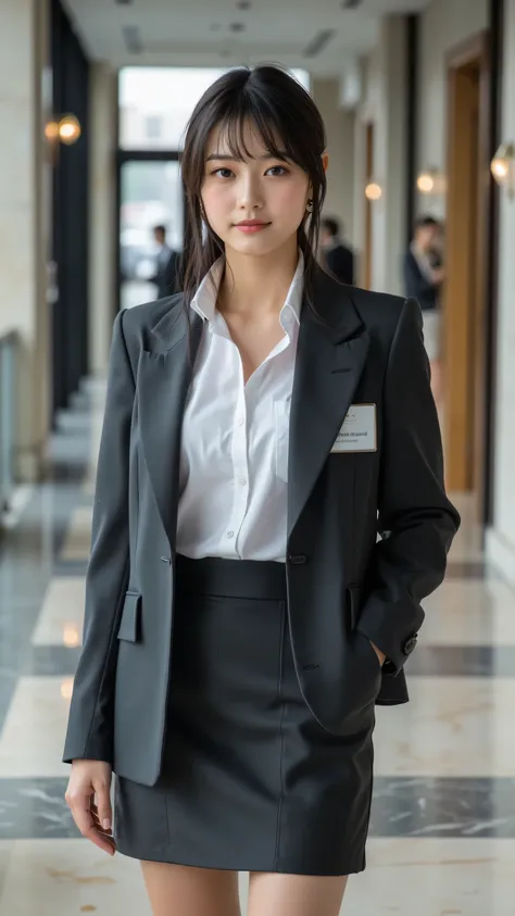 An elegant 30-year-old office professional with a sleek, short undercut pixie cut with longer top layers, styled with a subtle wave, standing with poise in a sophisticated office lobby. Her black eyes are ultra-detailed with vivid reflections, and her skin...