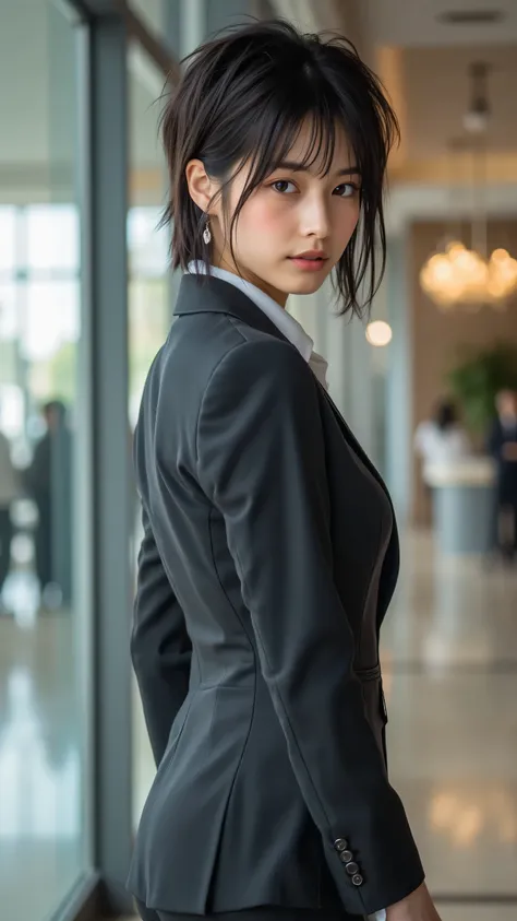 A poised 30-year-old office professional with a stylish, short textured crop haircut, styled with a tousled finish, standing confidently in a modern office lobby. Her black eyes are ultra-detailed, with vivid reflections and intricate details, and her skin...