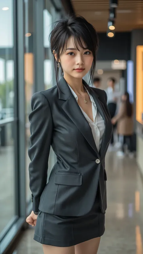 A poised 30-year-old office professional with a stylish, short textured crop haircut, styled with a tousled finish, standing confidently in a modern office lobby. Her black eyes are ultra-detailed, with vivid reflections and intricate details, and her skin...