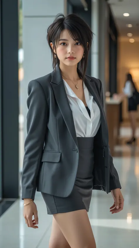A poised 30-year-old office professional with a stylish, short textured crop haircut, styled with a tousled finish, standing confidently in a modern office lobby. Her black eyes are ultra-detailed, with vivid reflections and intricate details, and her skin...